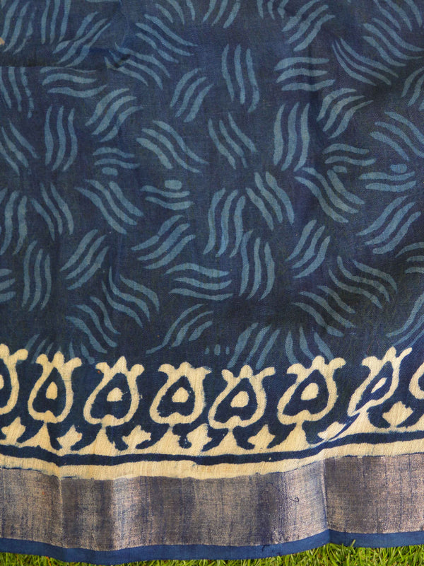 Linen Cotton Bagru Hand-Block Printed Saree-Indigo