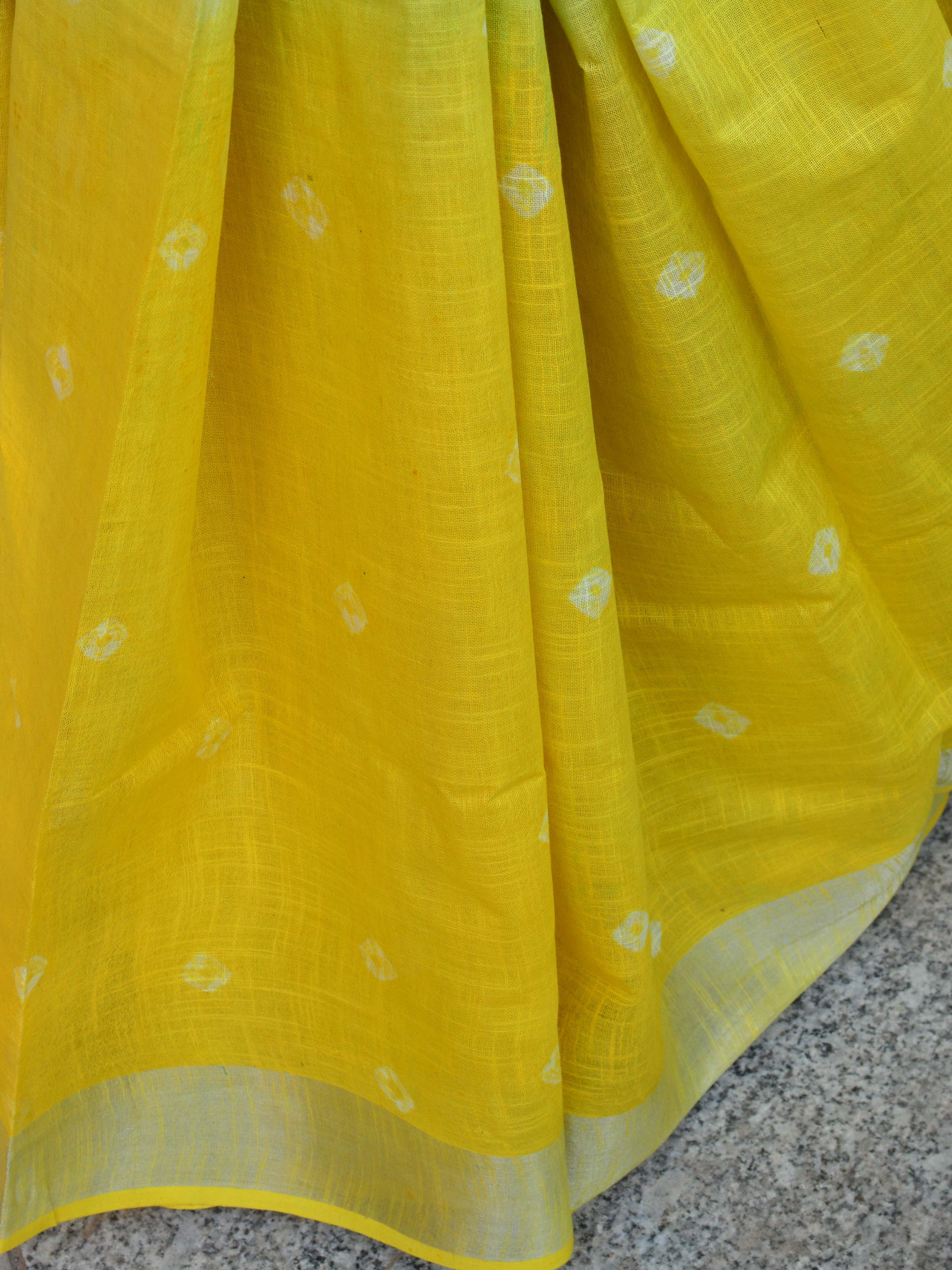Bhagalpur Handloom Pure Linen Cotton Hand-Dyed Shibori Pattern Saree-Yellow & Blue