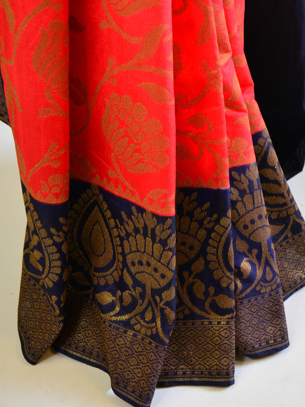 Banarasee Handwoven Semi Silk Saree With Contrast Border-Red & Blue