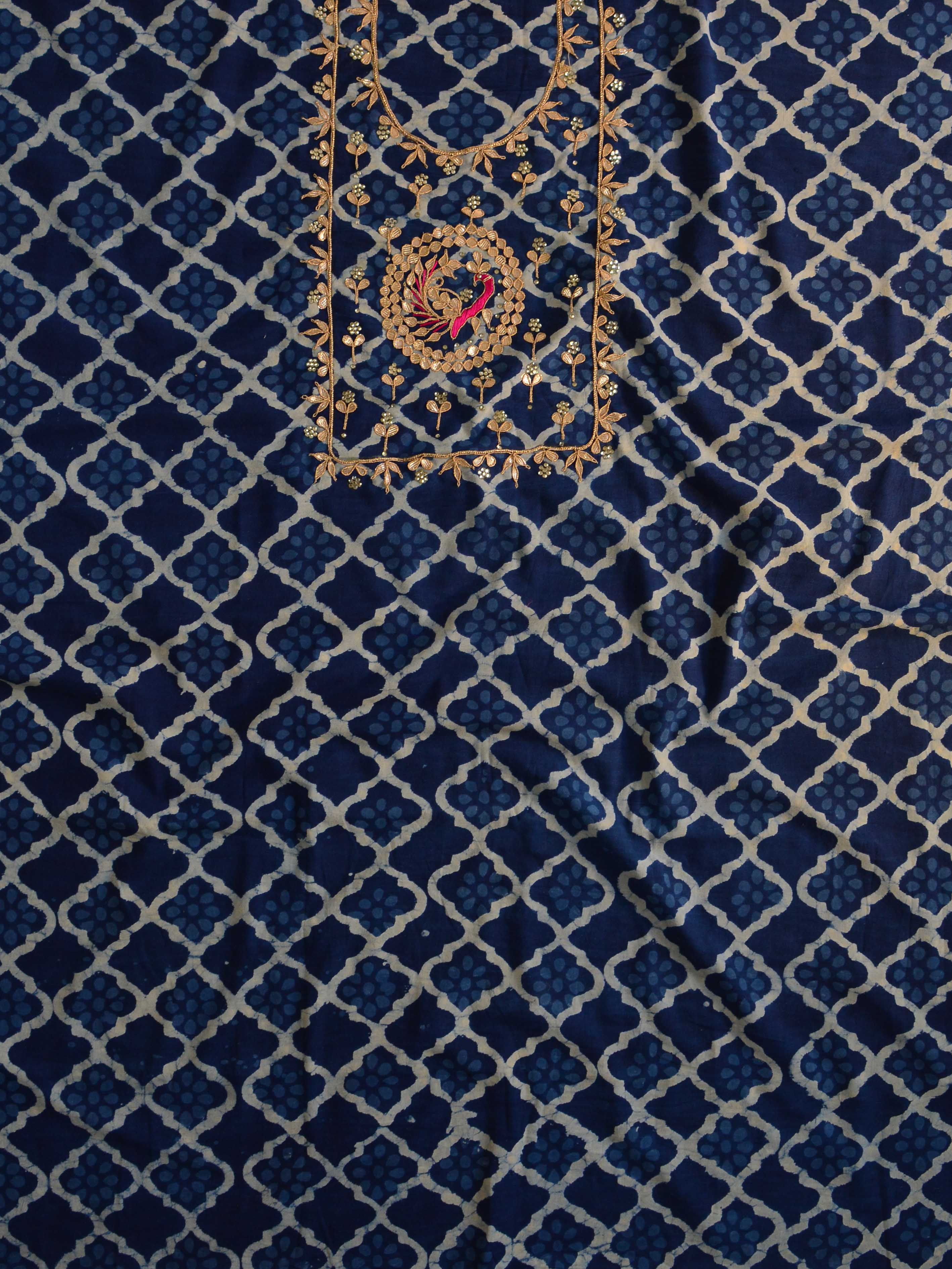 Pure Handloom Mul Cotton Bagru Block Print Gotapatti Suit Set-Blue