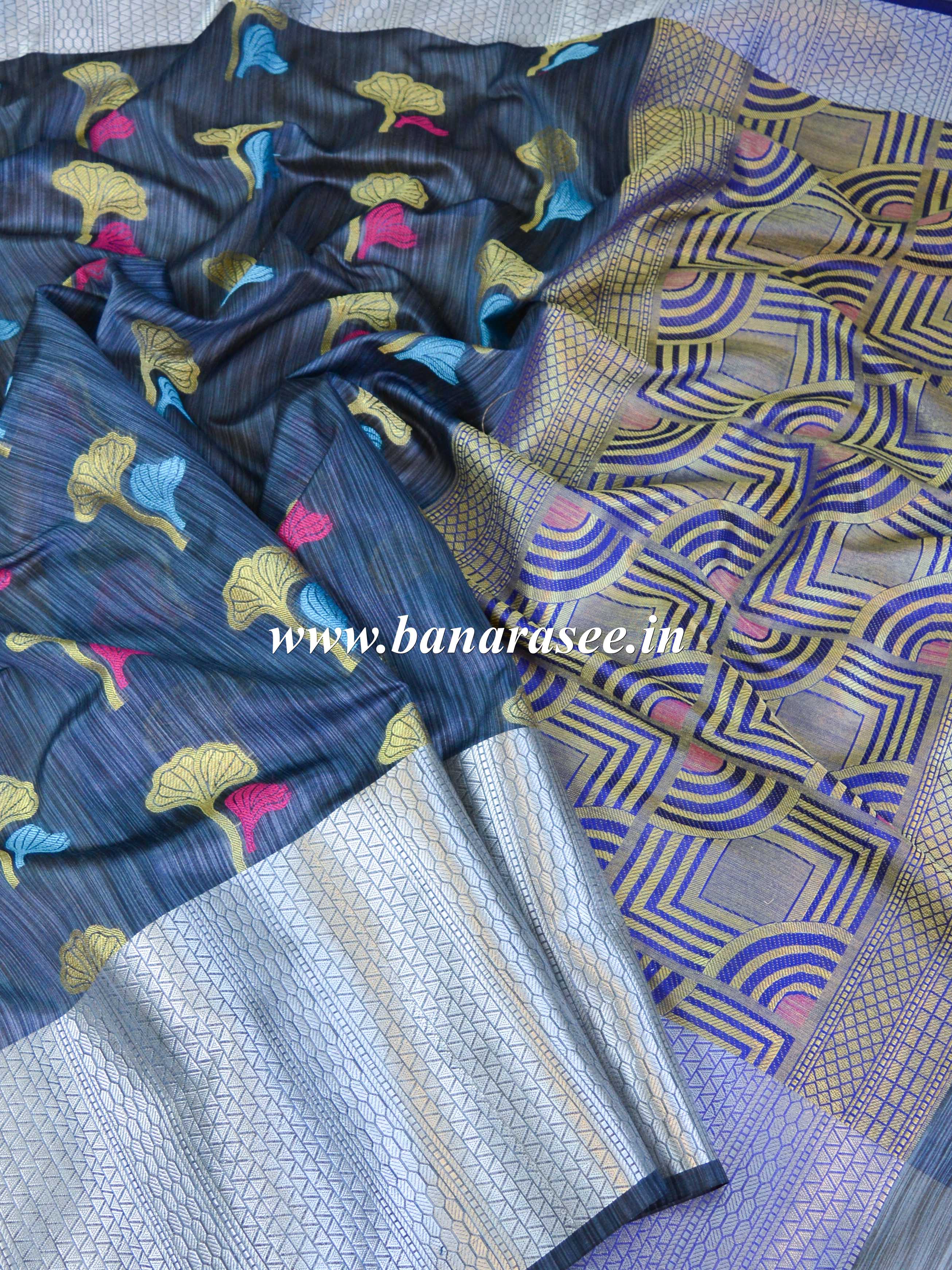 Banarasee Cotton Silk Mix Banswada Sari With Floral Buta & Skirt Border-Blue