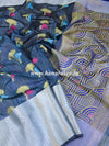Banarasee Cotton Silk Mix Banswada Sari With Floral Buta & Skirt Border-Blue