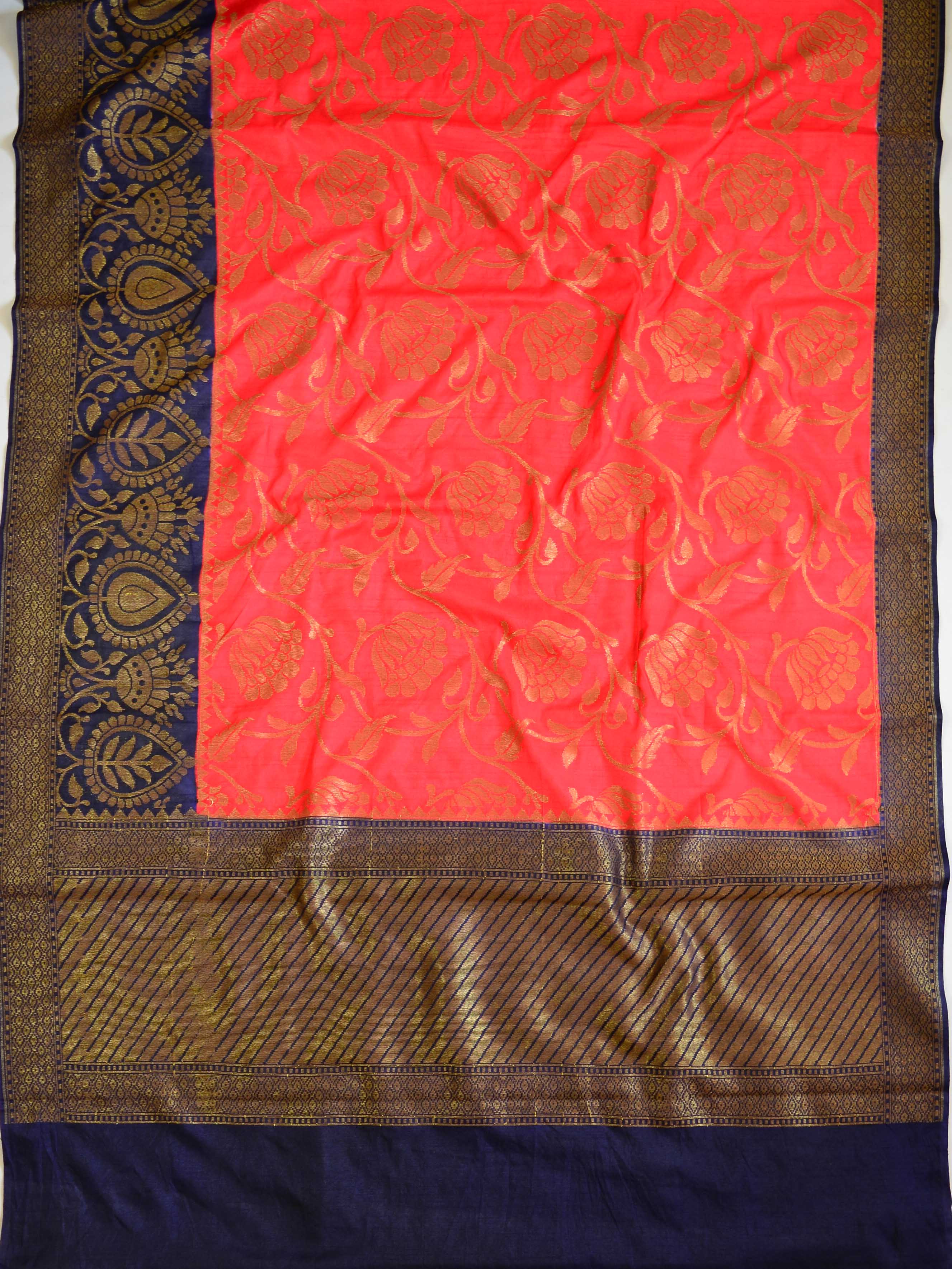 Banarasee Handwoven Semi Silk Saree With Contrast Border-Red & Blue