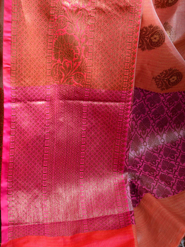 Banarasee Handwoven Antique Zari Buta & Border Saree Zari-Peach