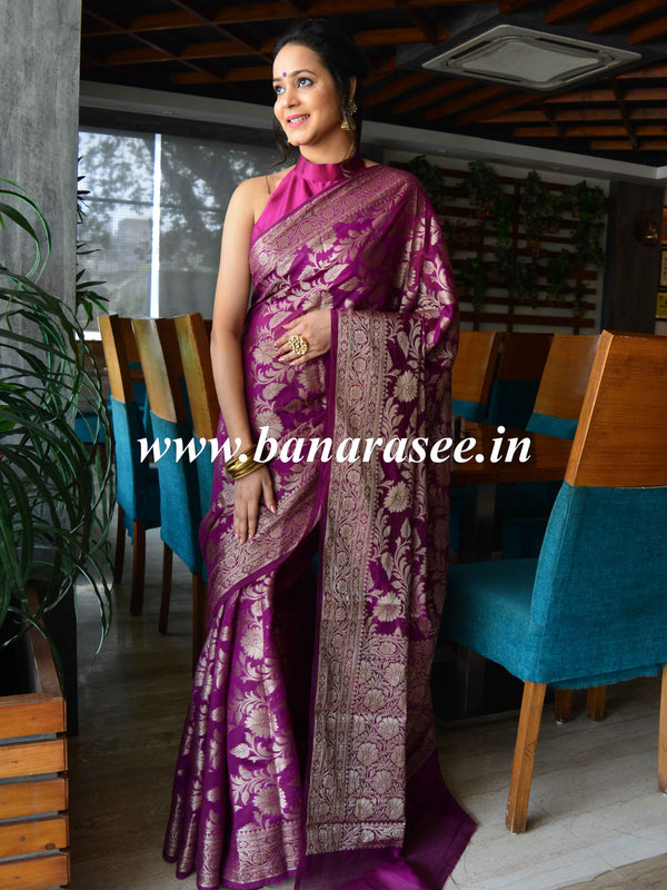 Banarasee Handwoven Semi-Chiffon Saree With Zari Floral Jaal Design-Violet