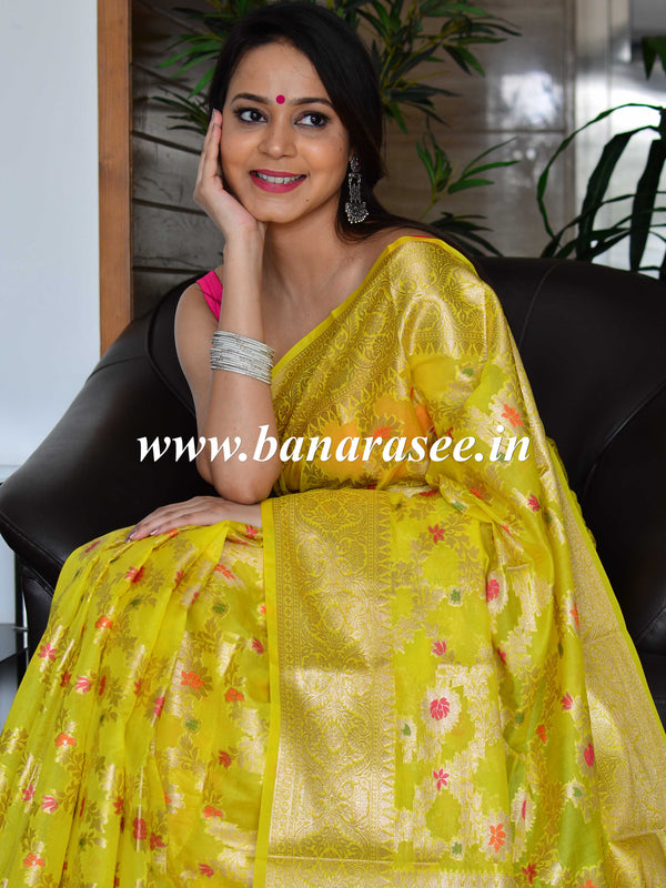 Banarasee Faux Georgette Saree With Zari Jaal Work & Floral Border-Yellow