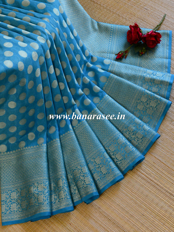 Banarasi Cotton Silk Mix Sari With Polka Dots & Zari Border-Blue