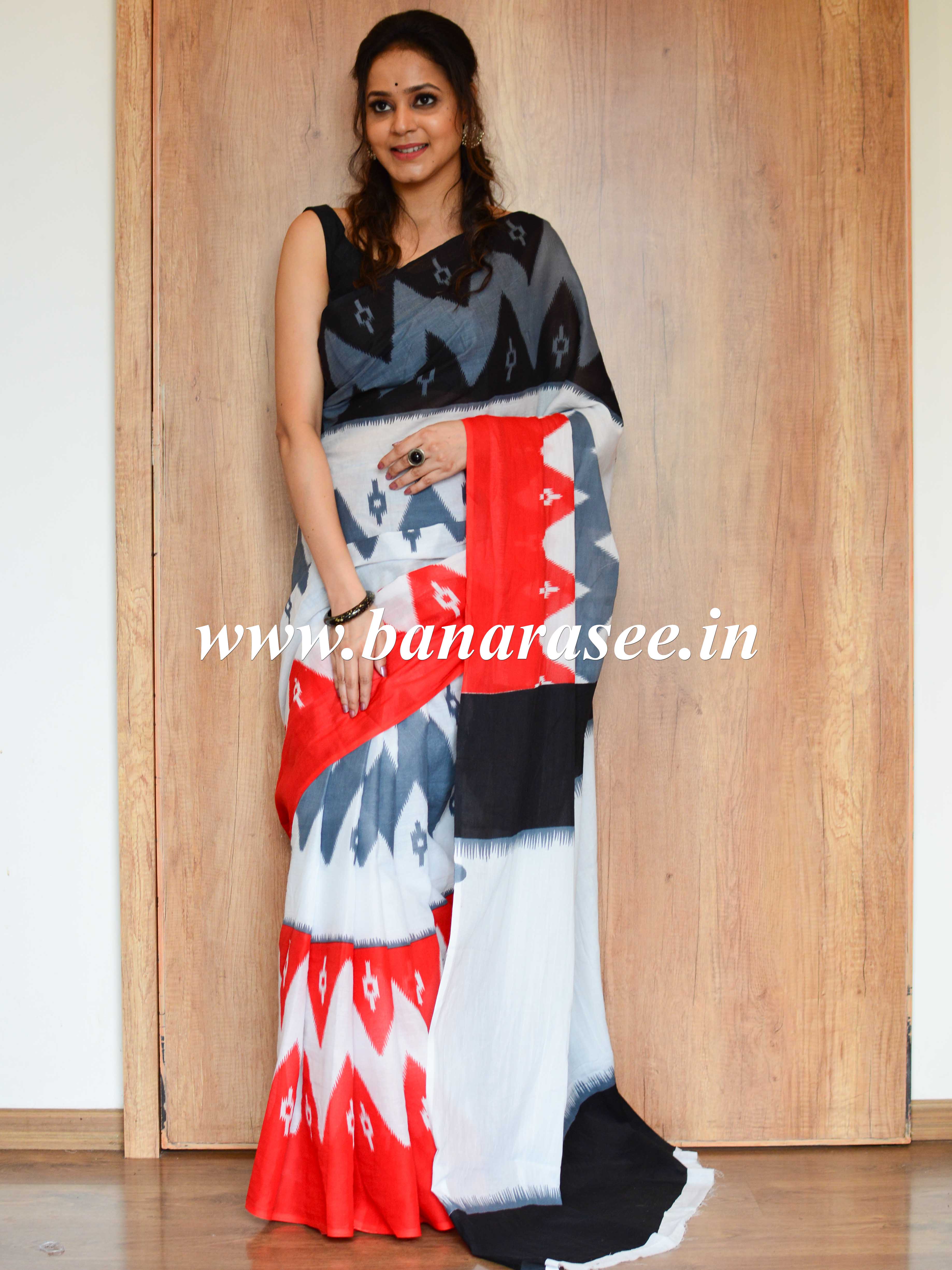 Handloom Mul Cotton Block Print Saree-White & Black