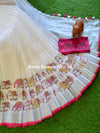 Banarasee Handloom Pure Linen Saree With Elephant Print-White