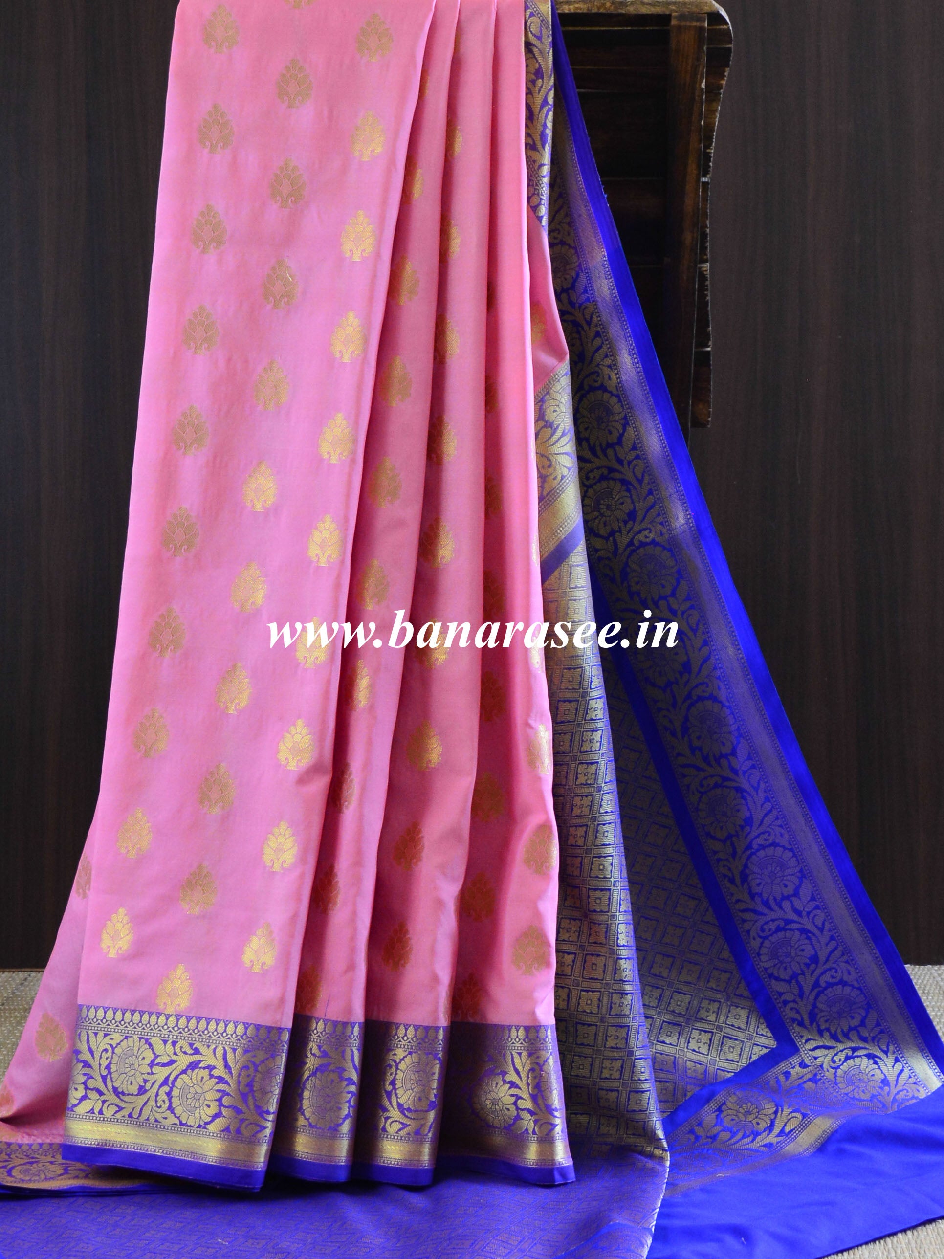 Banarasee Handwoven Semi Silk Saree With Zari Buta Design & Floral Border-Baby Pink