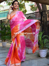 Bhagalpur Handloom Pure Linen Cotton Hand-Dyed Shibori Pattern Saree-Orange & Pink