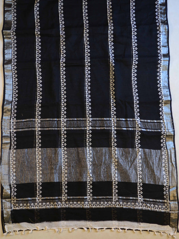 Banarasee Linen Cotton Bagru Hand-Block Printed Saree-Black