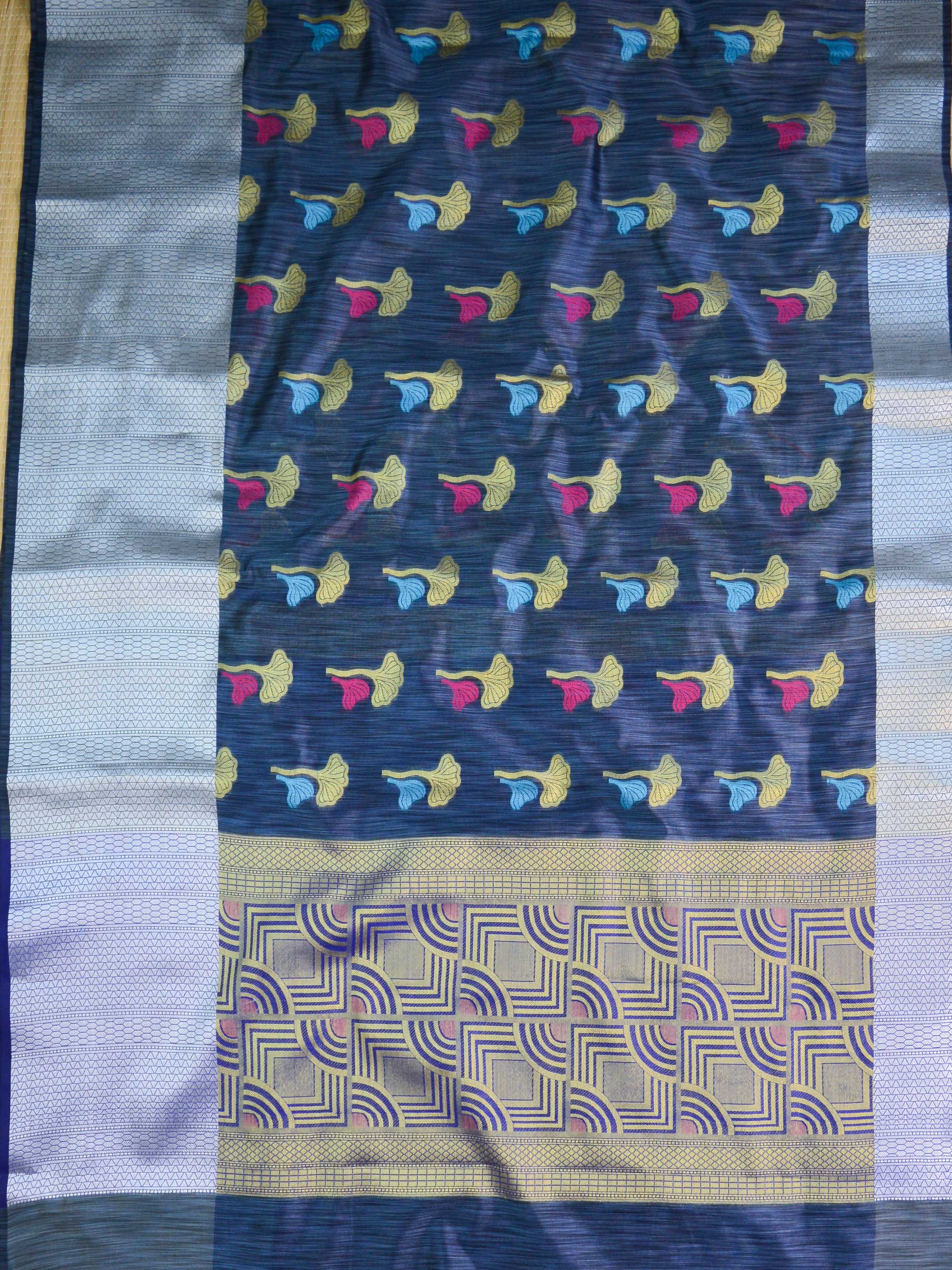 Banarasee Cotton Silk Mix Banswada Sari With Floral Buta & Skirt Border-Blue