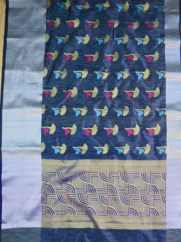 Banarasee Cotton Silk Mix Banswada Sari With Floral Buta & Skirt Border-Blue