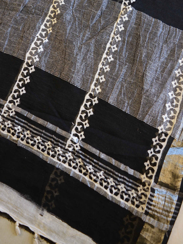 Banarasee Linen Cotton Bagru Hand-Block Printed Saree-Black
