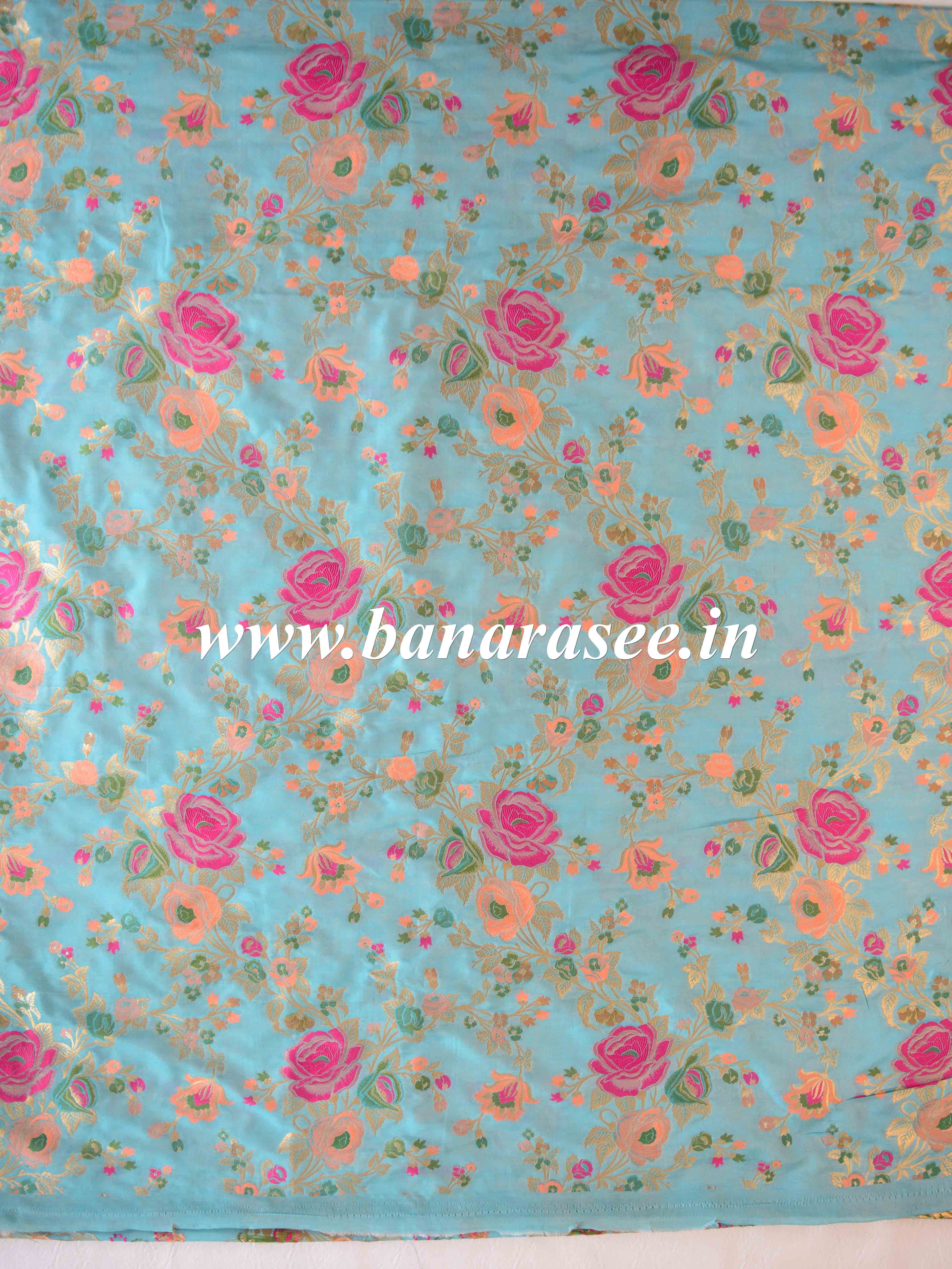 Banarasee Semi Katan Silk Jaal Design Fabric-Blue