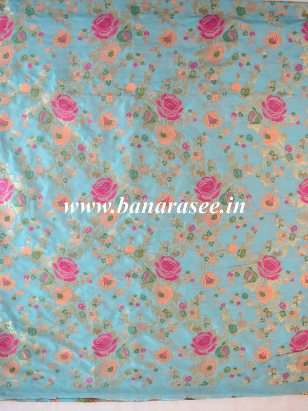 Banarasee Semi Katan Silk Jaal Design Fabric-Blue