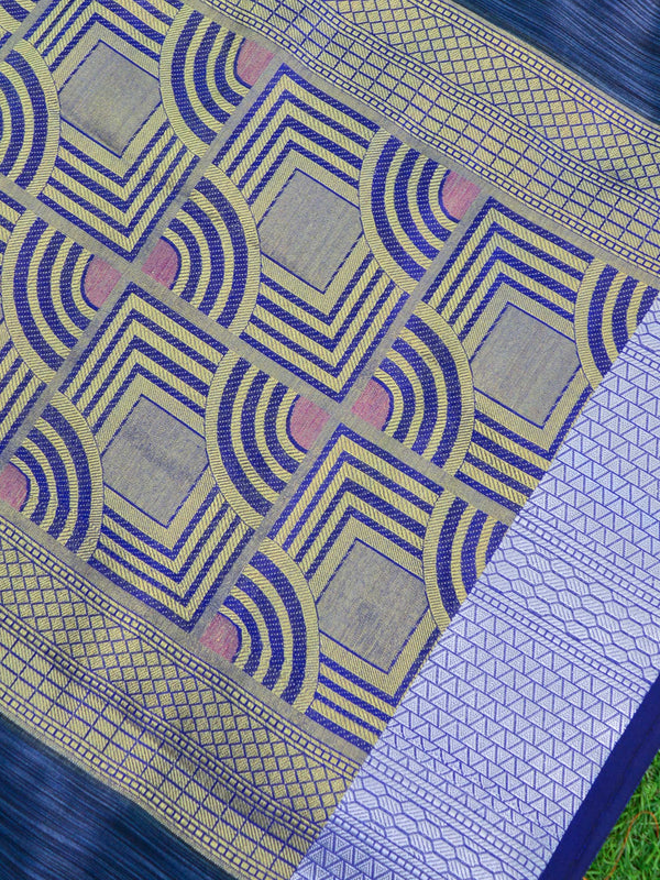 Banarasee Cotton Silk Mix Banswada Sari With Floral Buta & Skirt Border-Blue