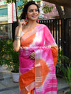 Bhagalpur Handloom Pure Linen Cotton Hand-Dyed Shibori Pattern Saree-Orange & Pink