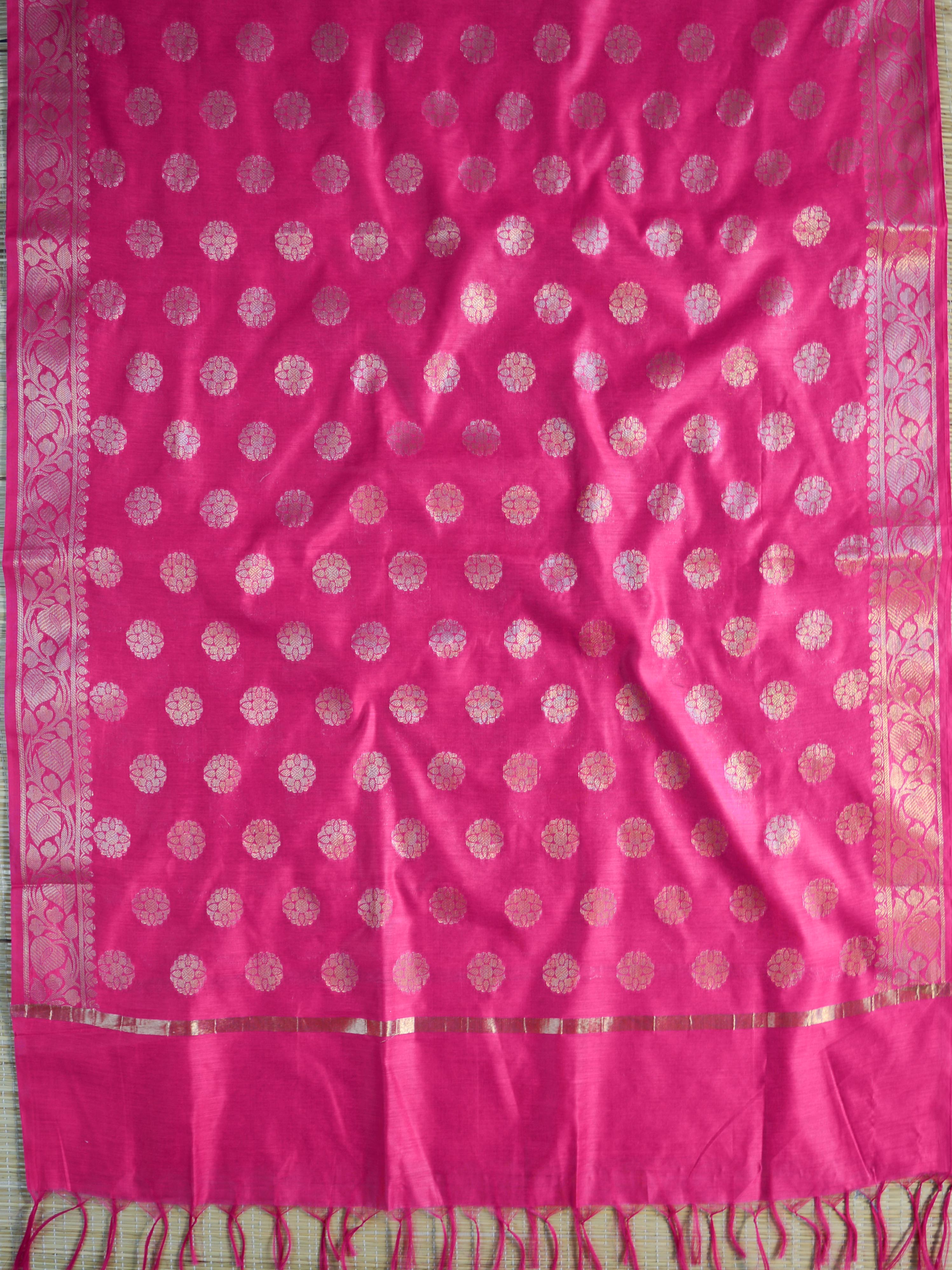 Banarasee Chanderi Cotton Buta Design Salwar Kameez Fabric With Contrast Dupatta-Pink & Orange