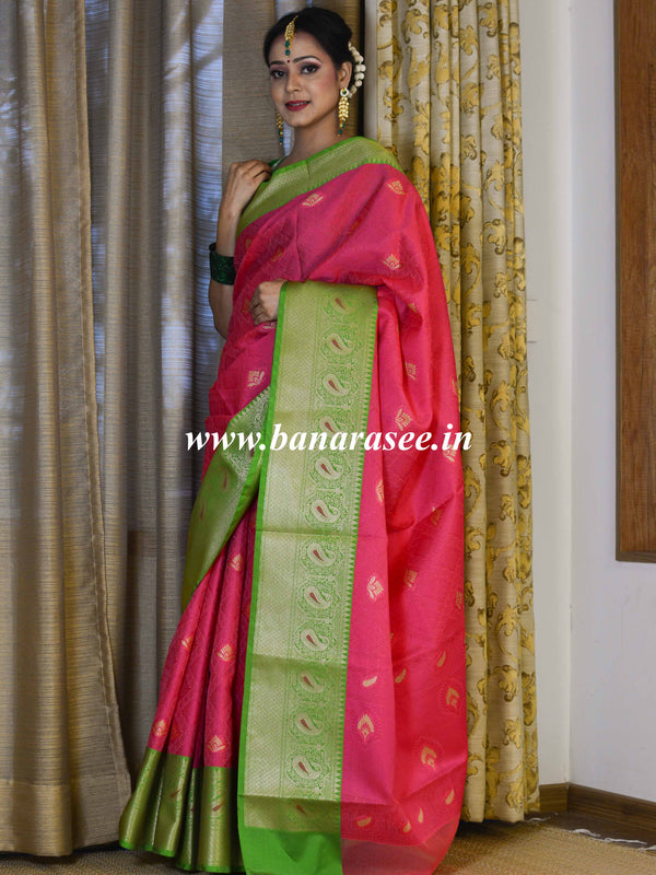 Banarasee Kora Muslin Saree With Buta Design & Skirt Border-Pink & Green