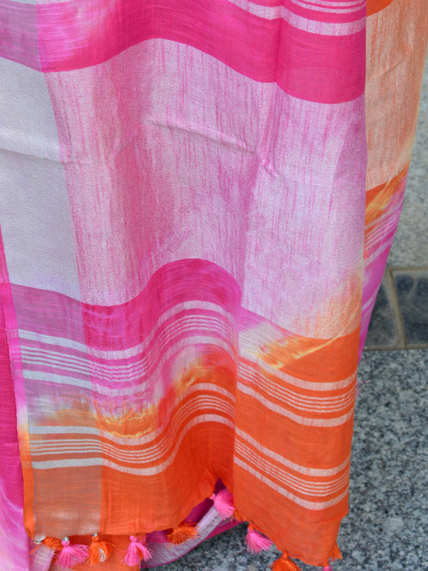 Bhagalpur Handloom Pure Linen Cotton Hand-Dyed Shibori Pattern Saree-Orange & Pink