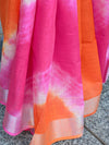 Bhagalpur Handloom Pure Linen Cotton Hand-Dyed Shibori Pattern Saree-Orange & Pink