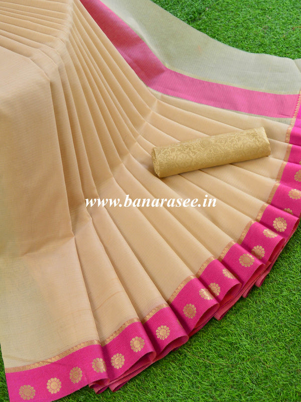 Banarasee Cotton Silk Plain Saree With Contrast Blouse-Beige