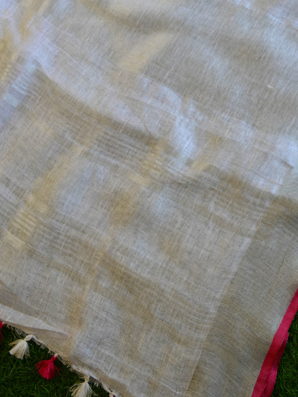 Banarasee Handloom Pure Linen Saree With Elephant Print-White