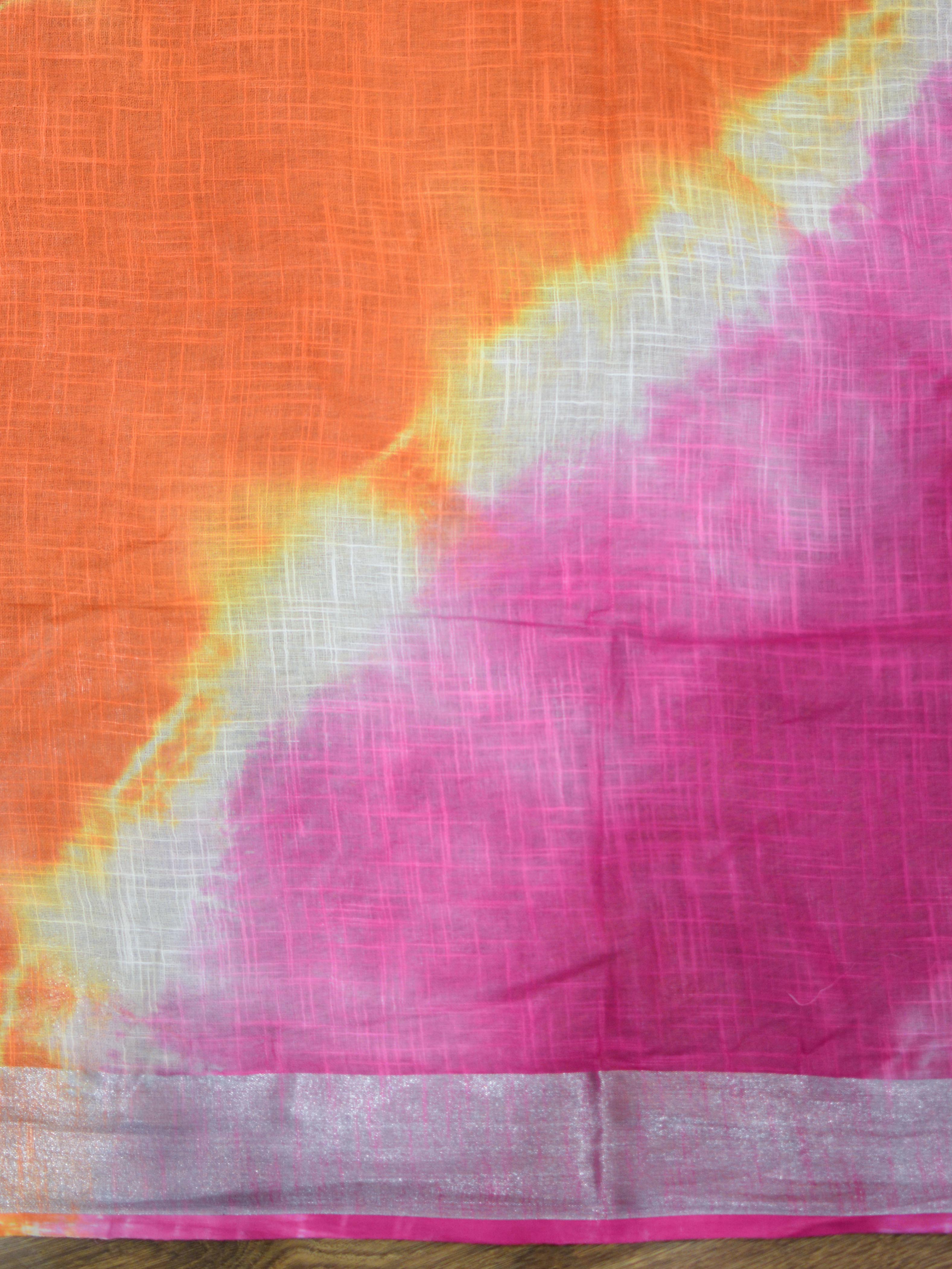 Bhagalpur Handloom Pure Linen Cotton Hand-Dyed Shibori Pattern Saree-Orange & Pink