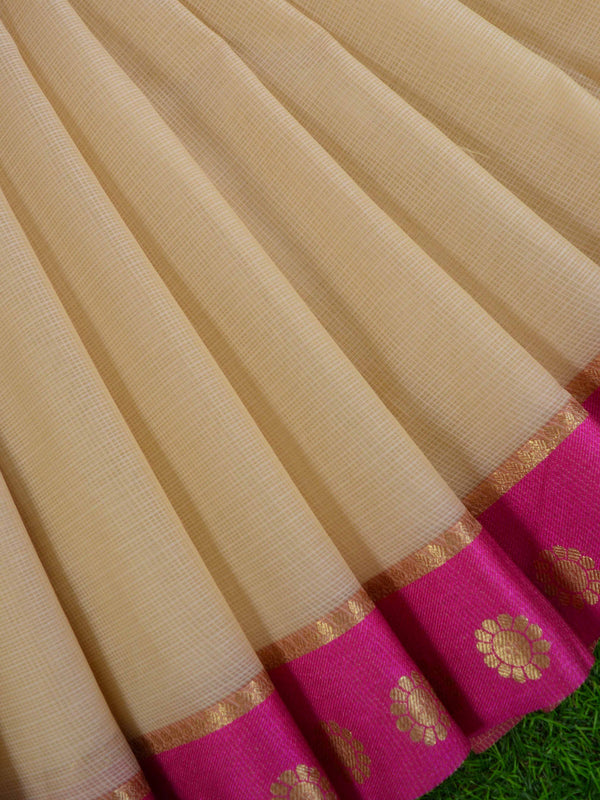 Banarasee Cotton Silk Plain Saree With Contrast Blouse-Beige