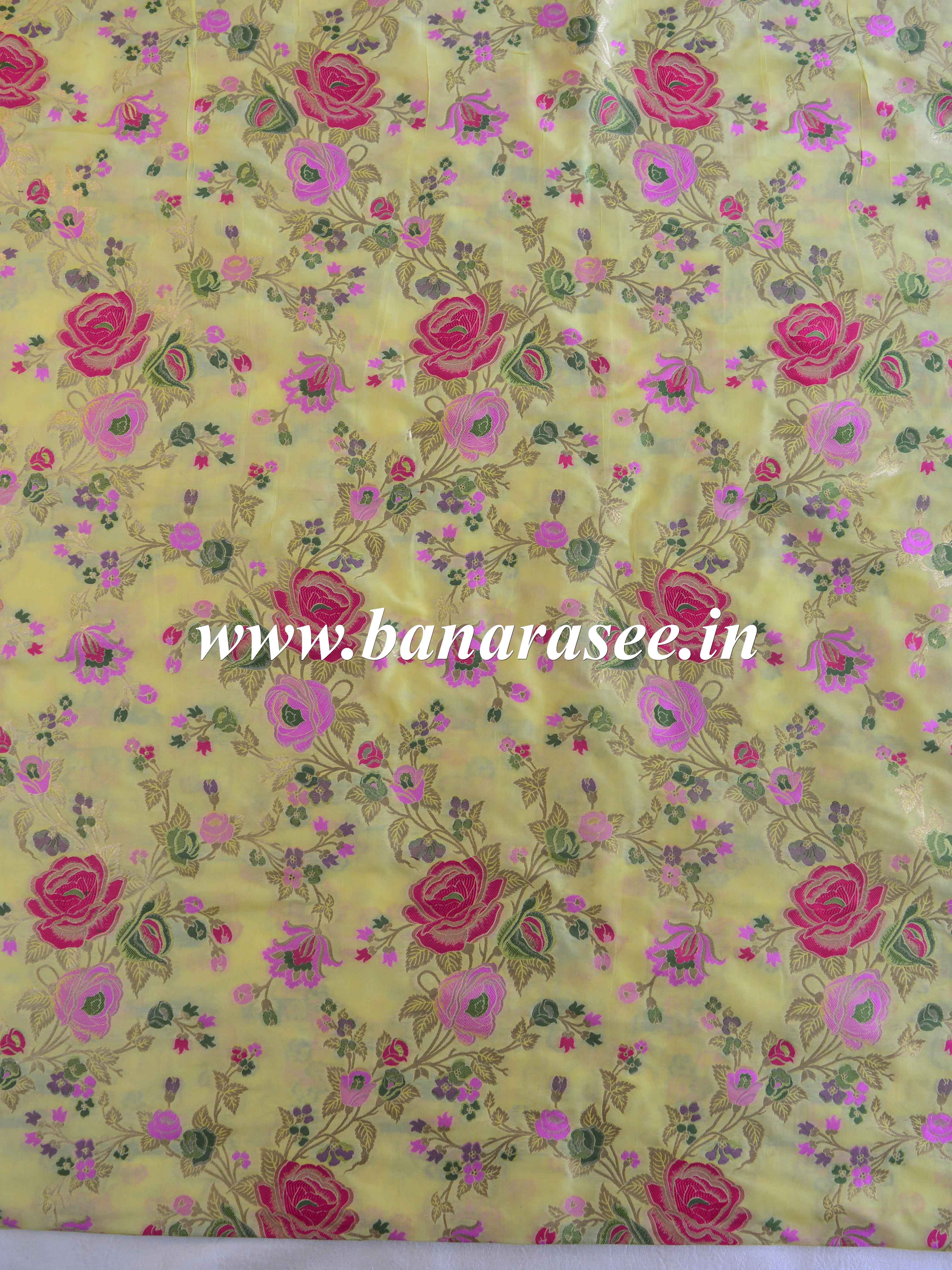 Banarasee Semi Katan Silk Jaal Design Fabric-Yellow