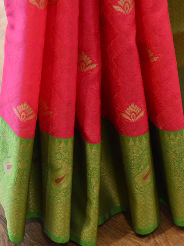 Banarasee Kora Muslin Saree With Buta Design & Skirt Border-Pink & Green