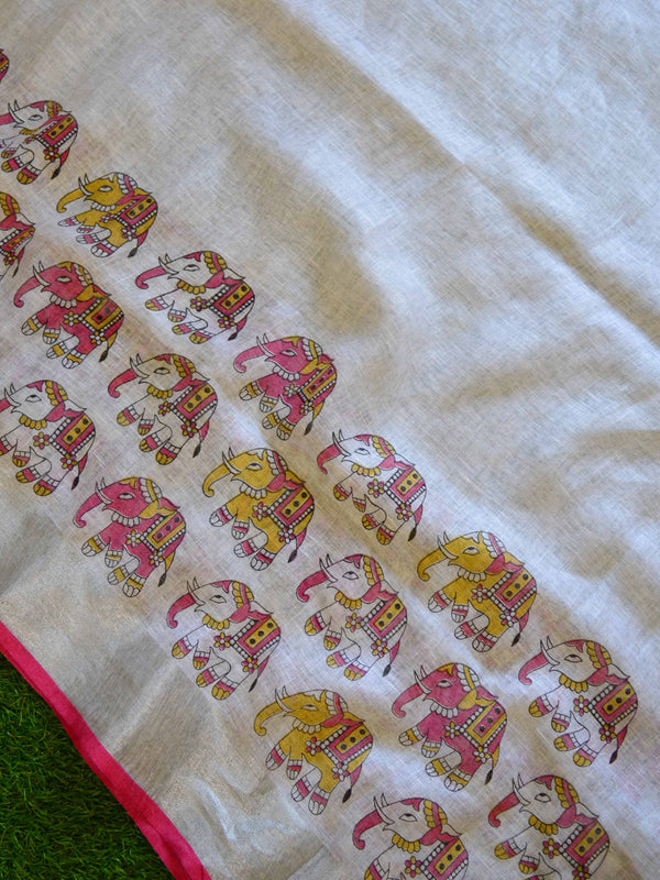 Banarasee Handloom Pure Linen Saree With Elephant Print-White