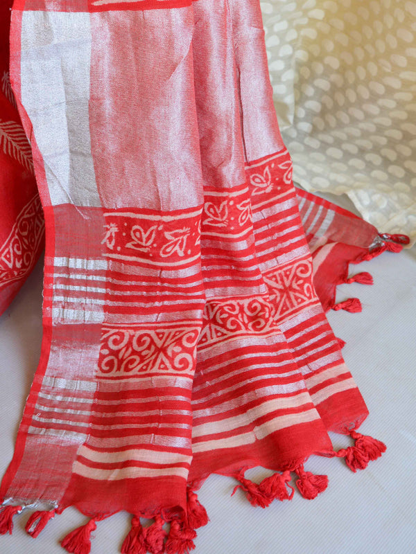 Banarasee Linen Cotton Bagru Hand-Block Printed Saree-Red