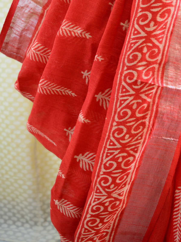 Banarasee Linen Cotton Bagru Hand-Block Printed Saree-Red