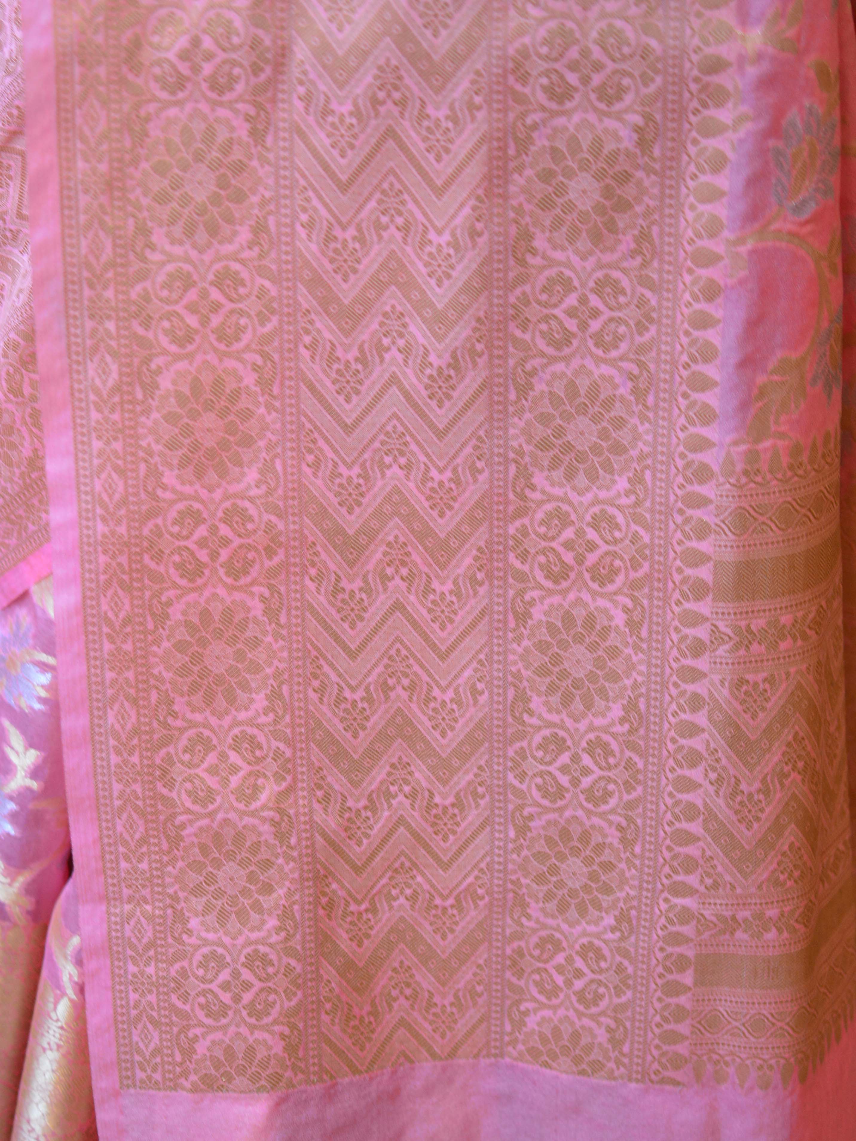 Banarasee Handwoven Semi-Chiffon Saree With Silver Jaal Design-Pink