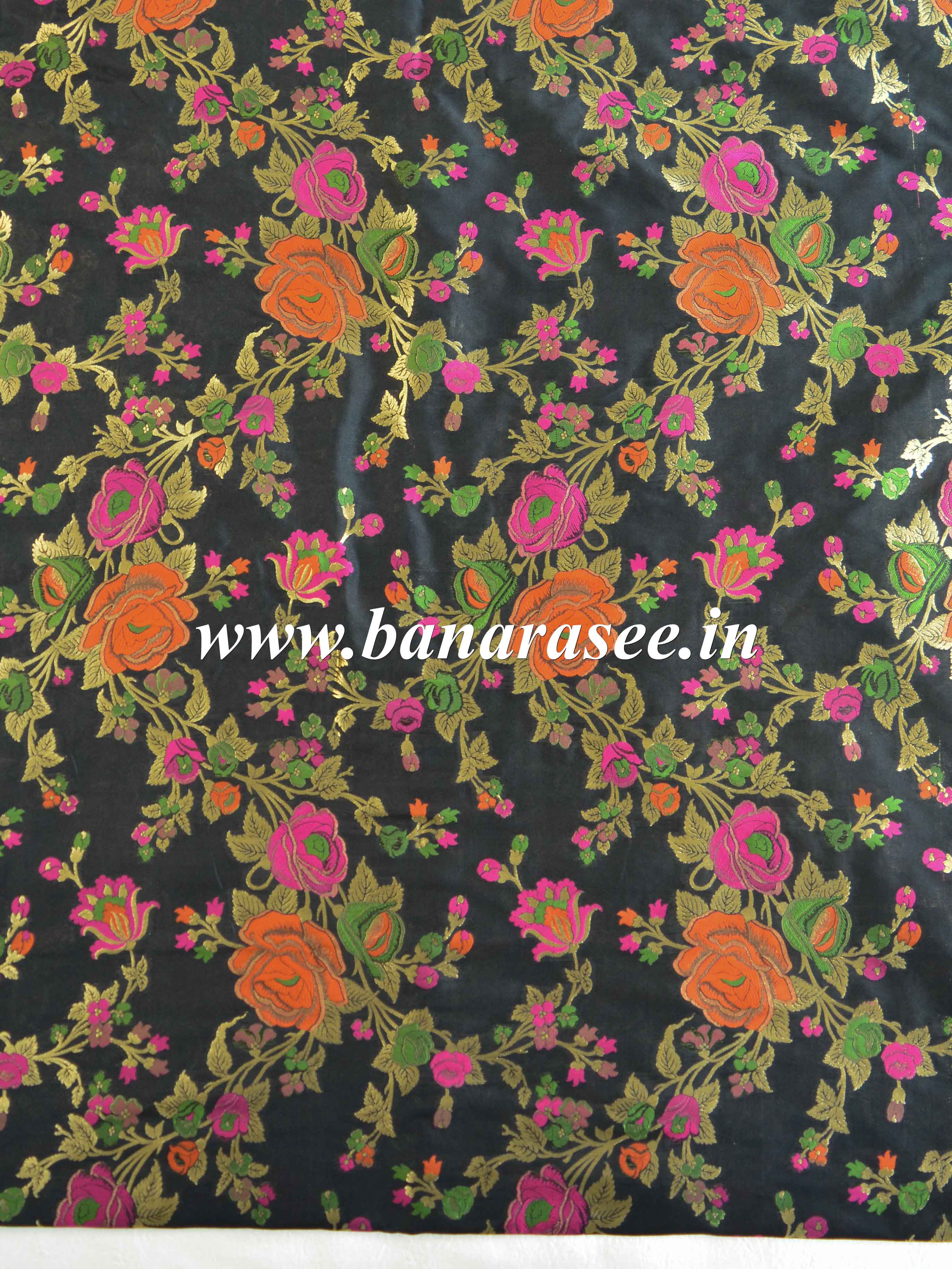 Banarasee Semi Katan Silk Jaal Design Fabric-Black