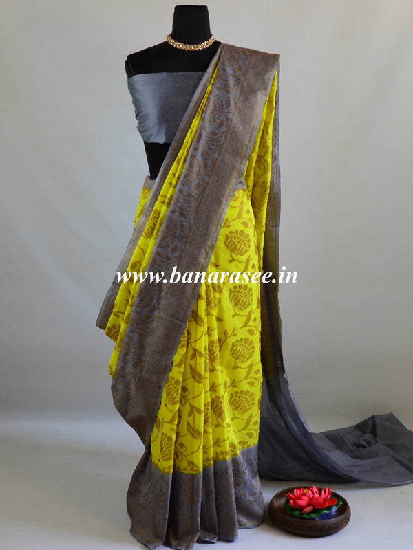 Banarasee Handwoven Semi Silk Saree With Contrast Border-Yellow & Grey