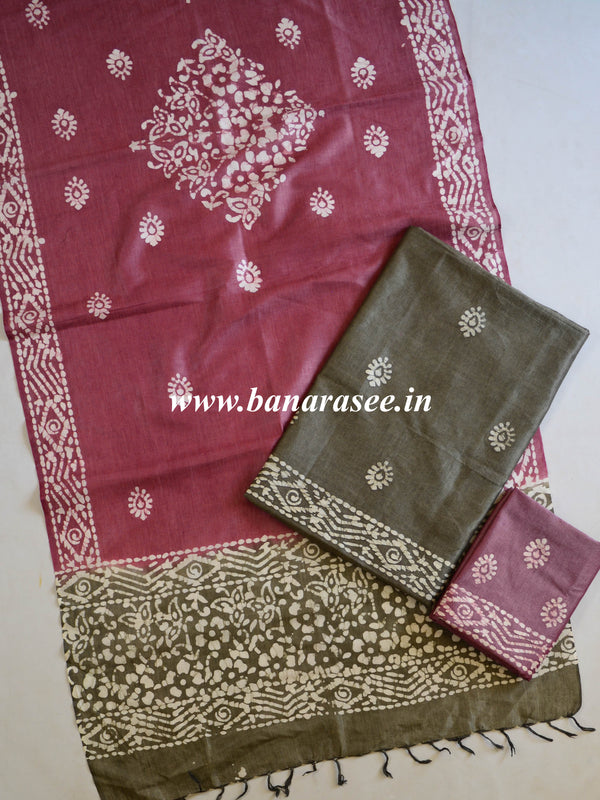 Handloom Khadi Cotton Hand-Dyed Batik Pattern Salwar Kameez Dupatta Set-Green & Purple