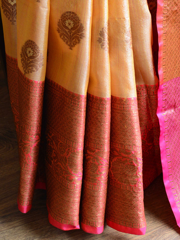 Banarasee Handwoven Antique Zari Buta & Border Saree Zari-Orange