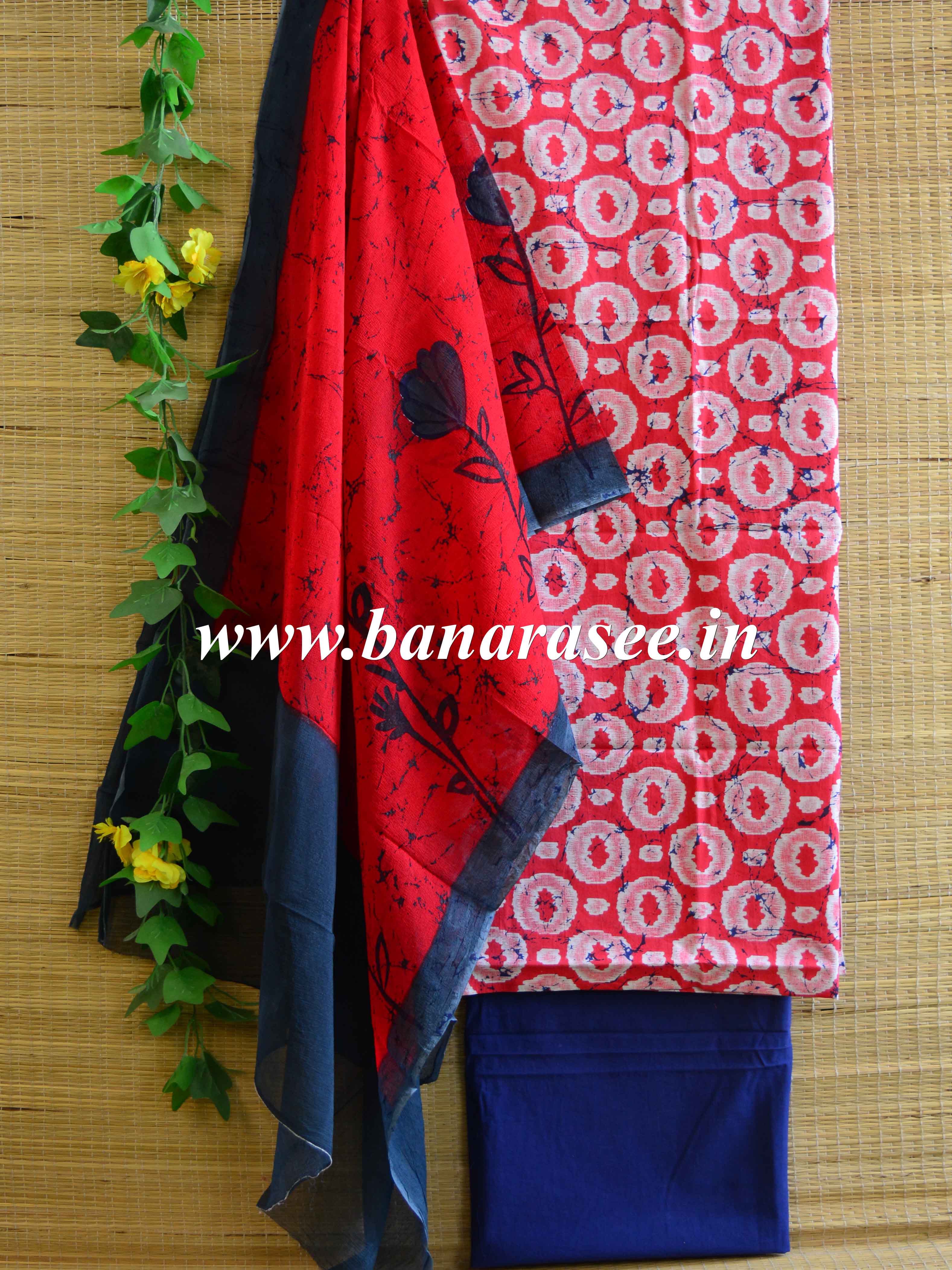 Handloom Mul Cotton Handblock Printed Salwar Kameez With Chiffon Dupatta-Red & Blue