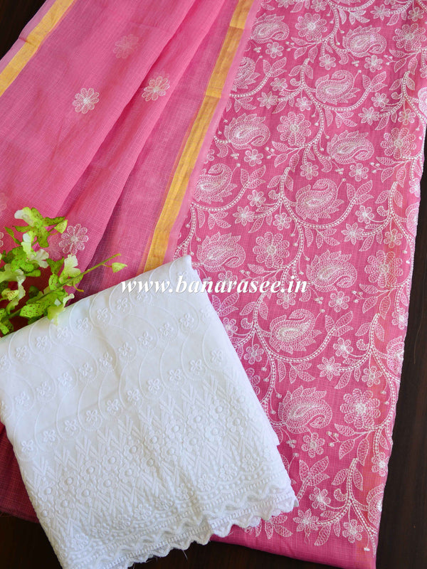 Banarasee Kota Doria Hand-Embroidered Salwar Kameez Dupatta Set-Pink