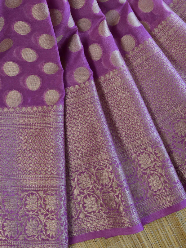 Banarasi Cotton Silk Mix Sari With Polka Dots & Zari Border-Purple