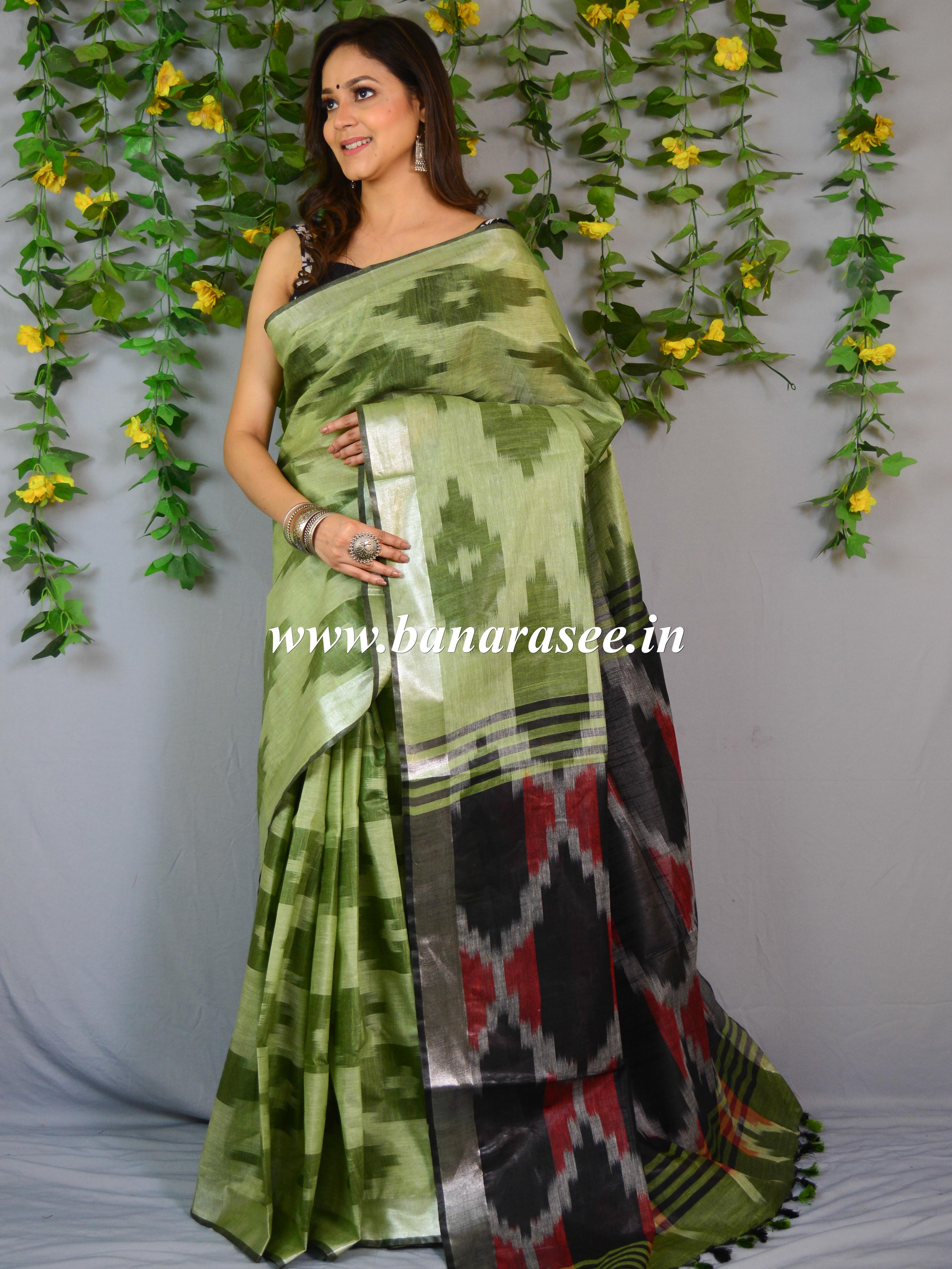 Banarasee Linen Cotton Ikkat Woven Saree-Green