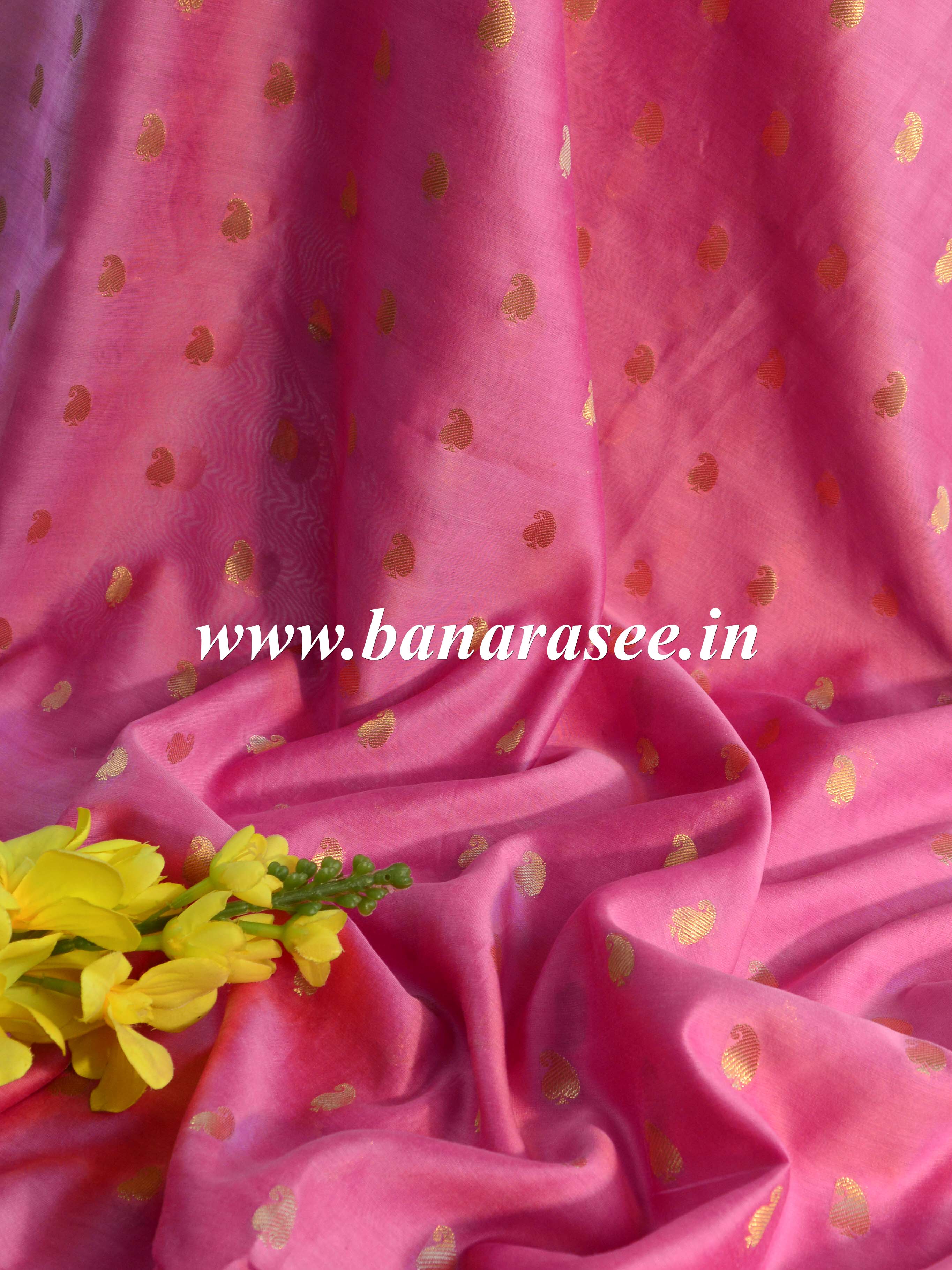Banarasee Zari Buti Chanderi Fabric-Pink