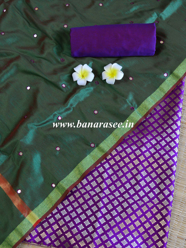 Banarasee Brocade Salwar Kameez Fabric With Mirror Work Dupatta-Green & Purple