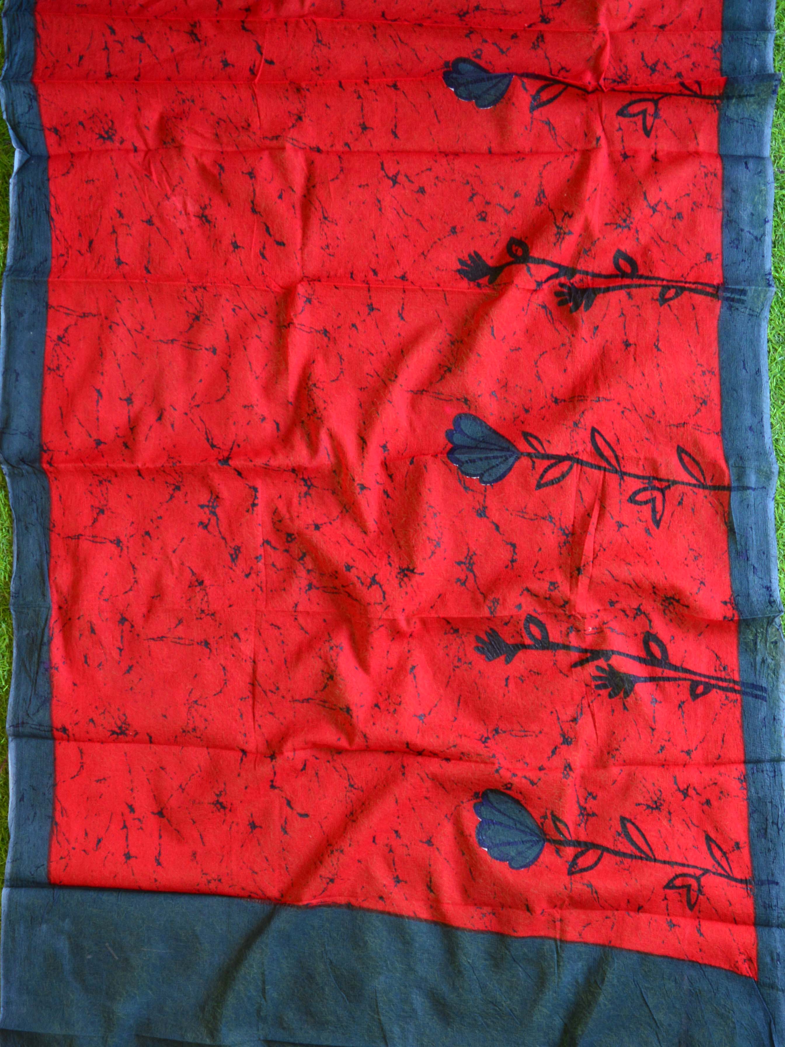 Handloom Mul Cotton Handblock Printed Salwar Kameez With Chiffon Dupatta-Red & Blue