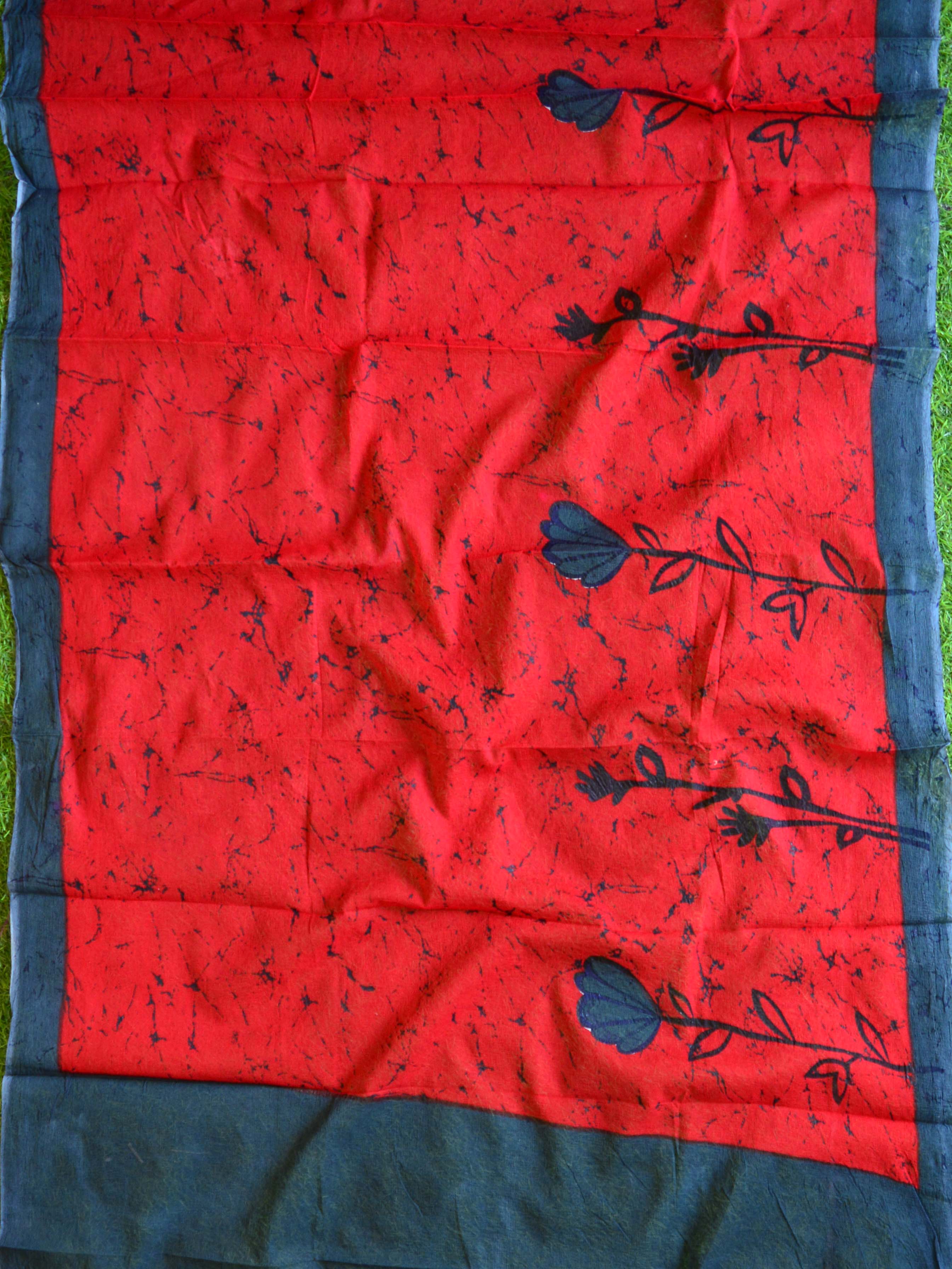 Handloom Mul Cotton Handblock Printed Salwar Kameez With Chiffon Dupatta-Red & Blue