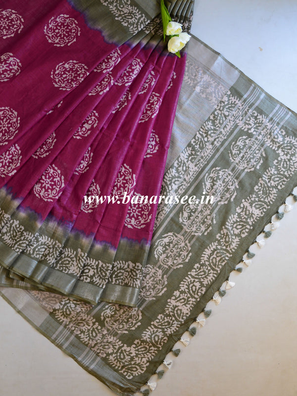 Bhagalpur Handloom Pure Linen Cotton Hand-Dyed Batik Pattern Saree-Magenta